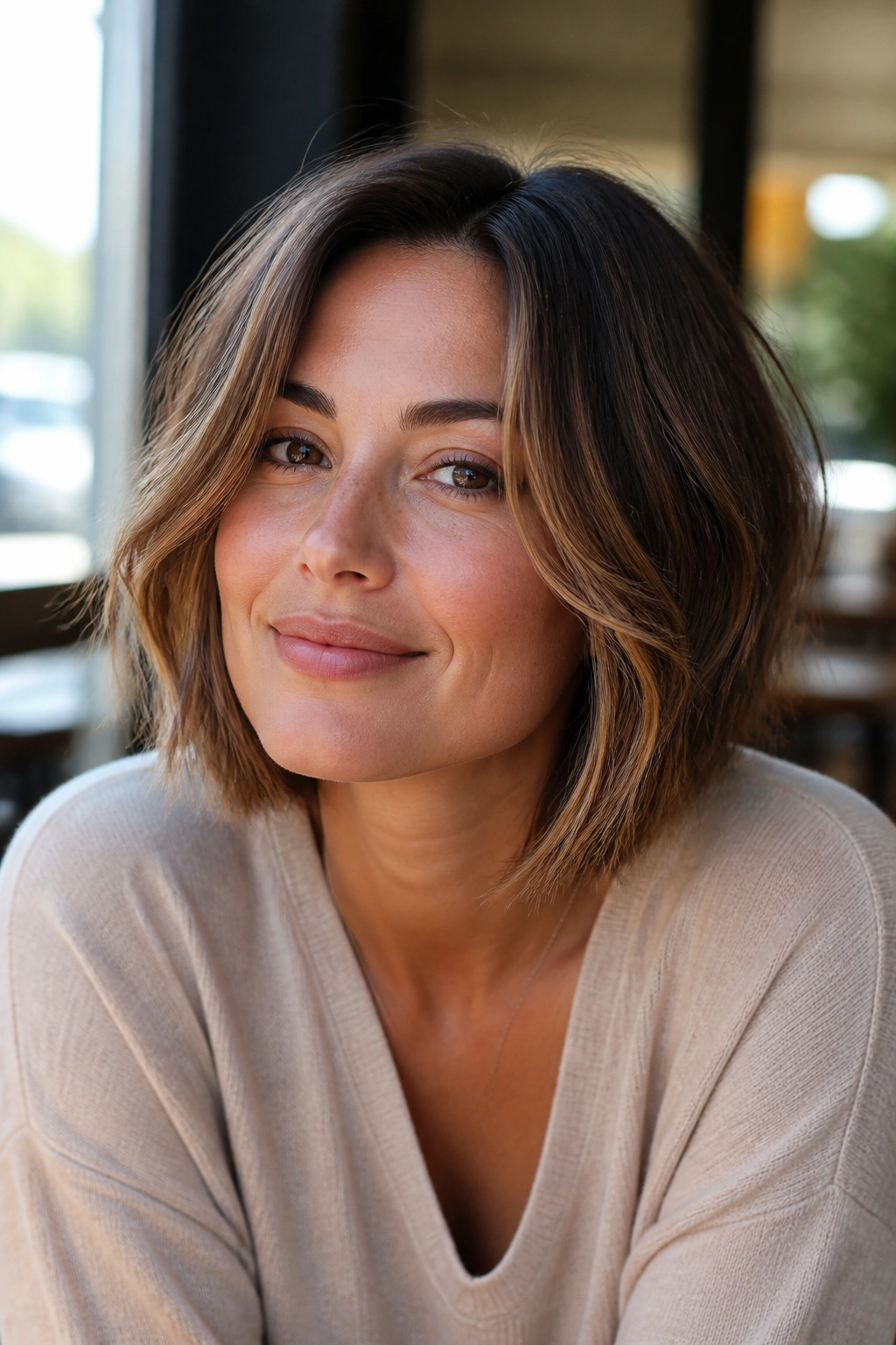 Close-up of a real woman with a soft grow-out bob and loose layers in daylight