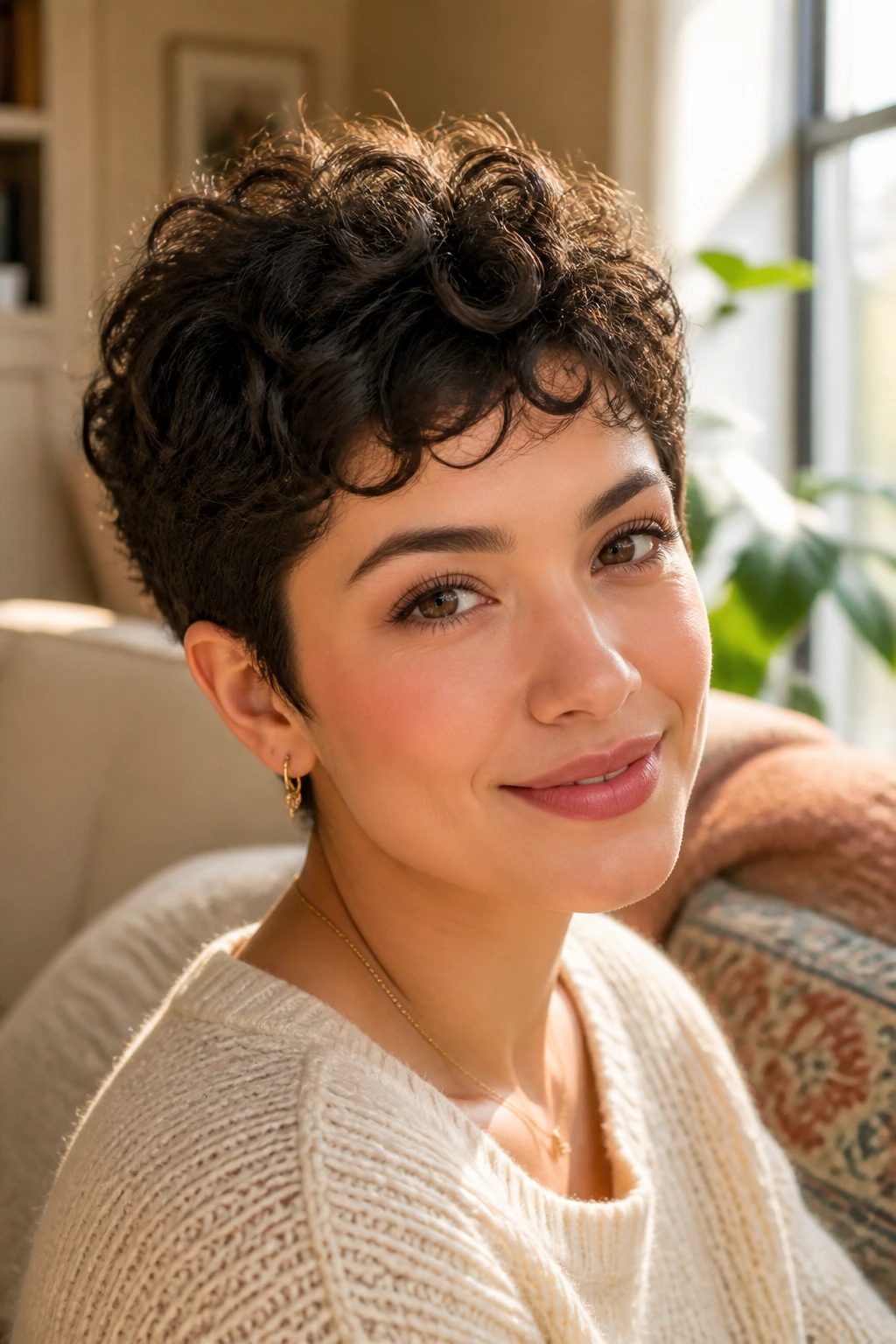 Real woman with soft grow-out crop hairstyle in sunlit living room