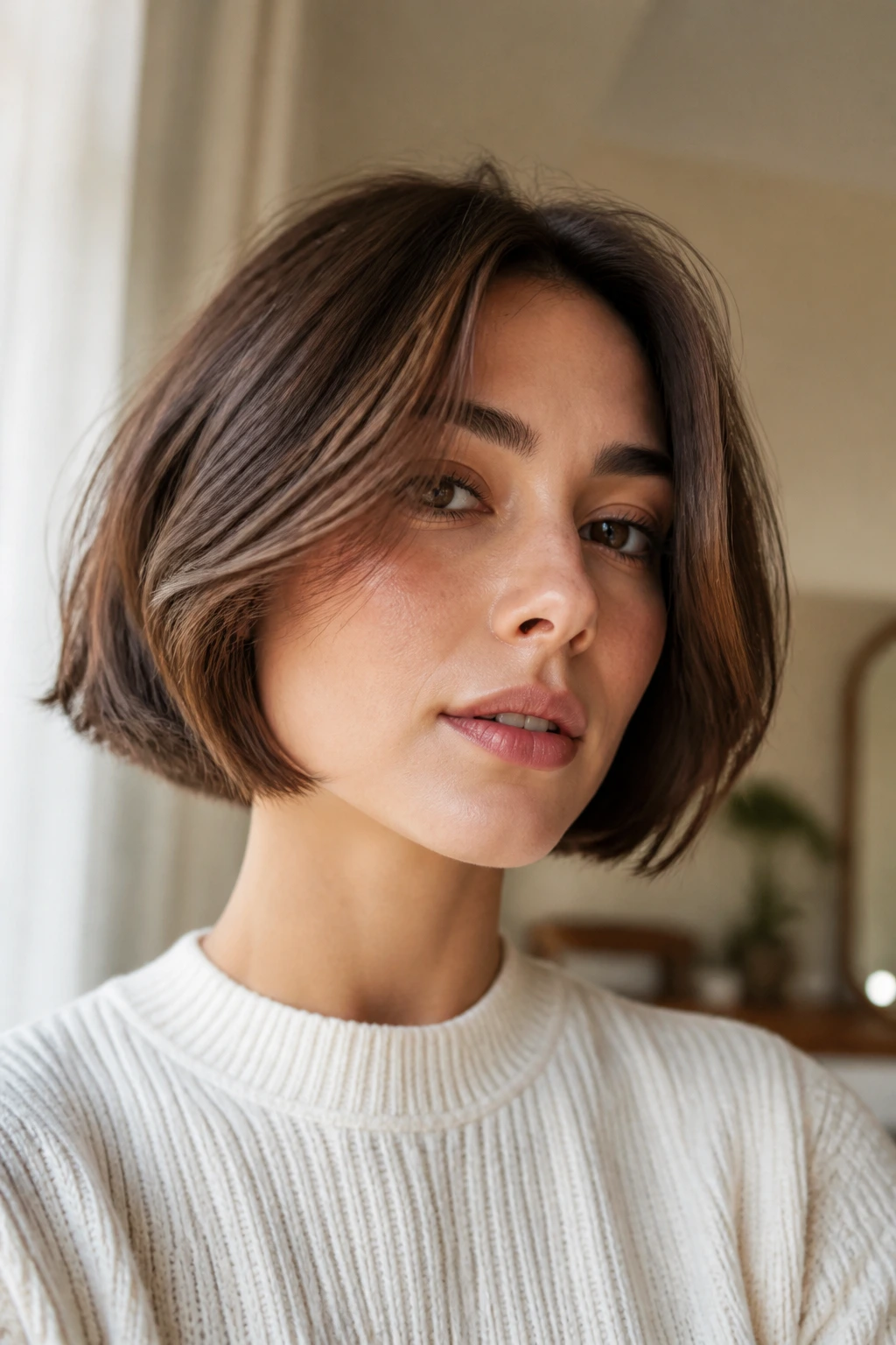 Close-up of a real woman with a soft grow-out earlobe bob and gentle layers