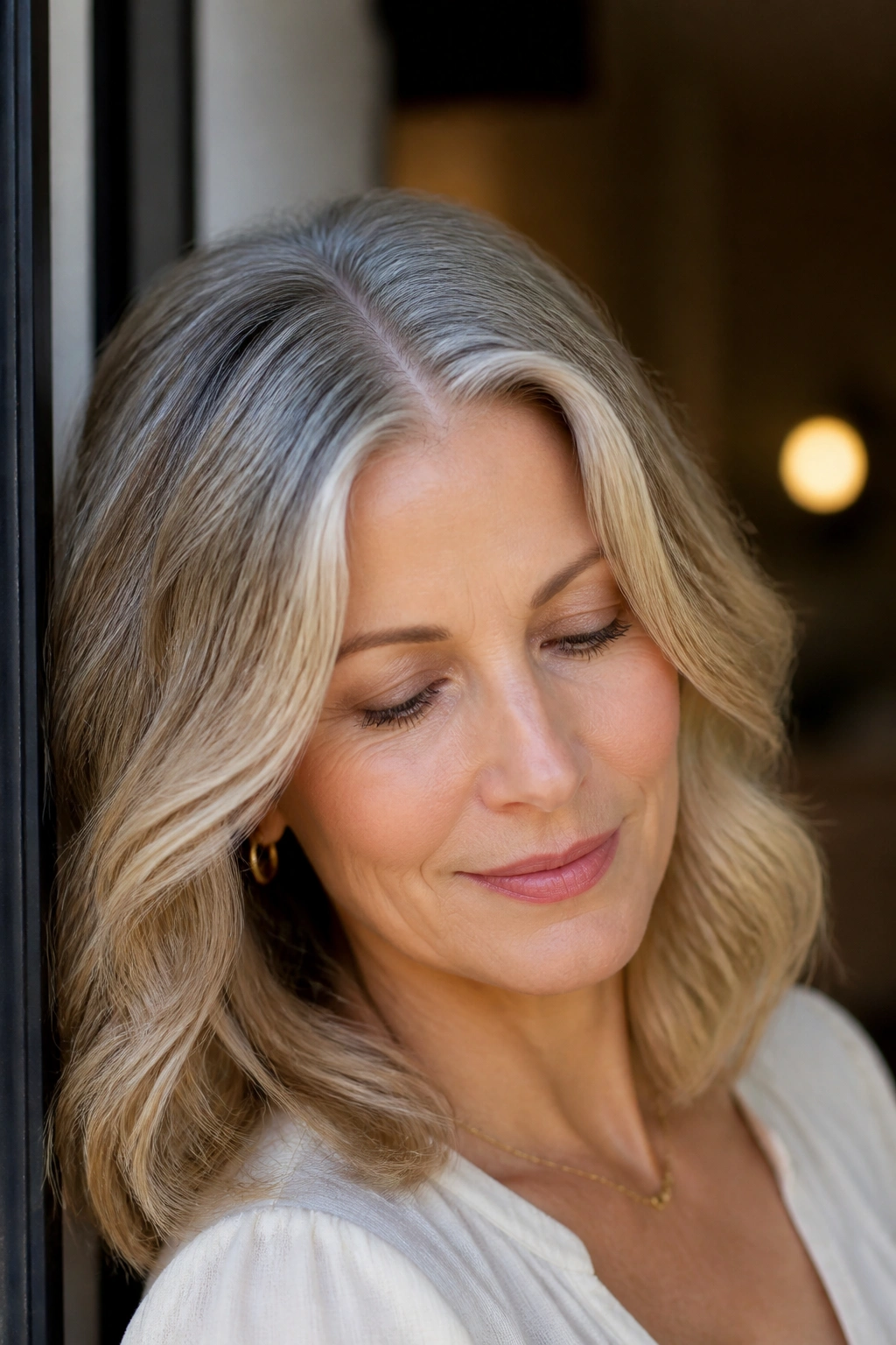 Close-up portrait showing soft grey grow-out with beige roots