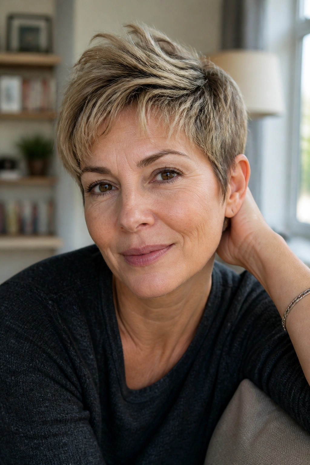 Close-up portrait of a real woman with soft grow-out pixie hairstyle.