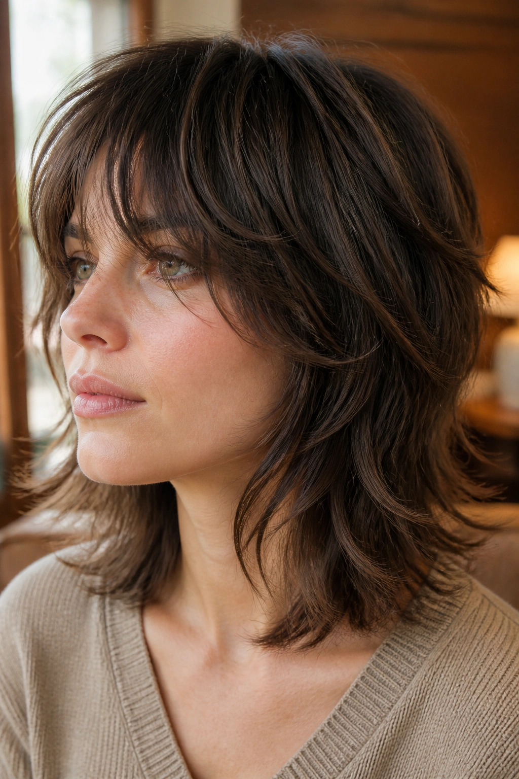 Close-up portrait of a real woman with a soft grow-out shag featuring feathered ends on thick hair in warm window light