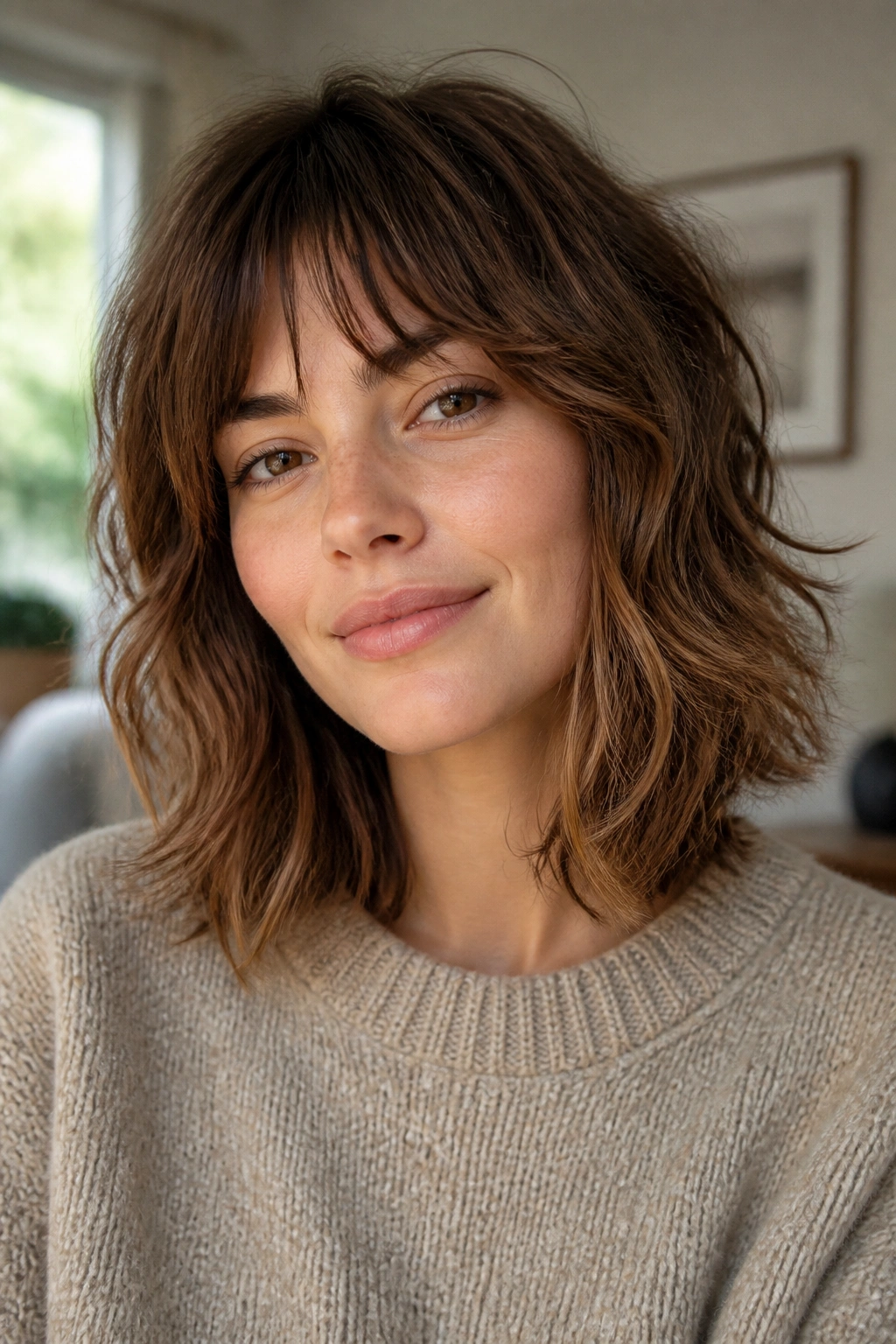 Close-up portrait of a real woman with blended fringe and front layers.