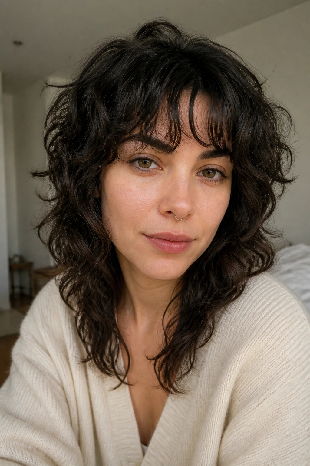 Real person with a soft grow-out wolf cut on medium-length hair in morning light.