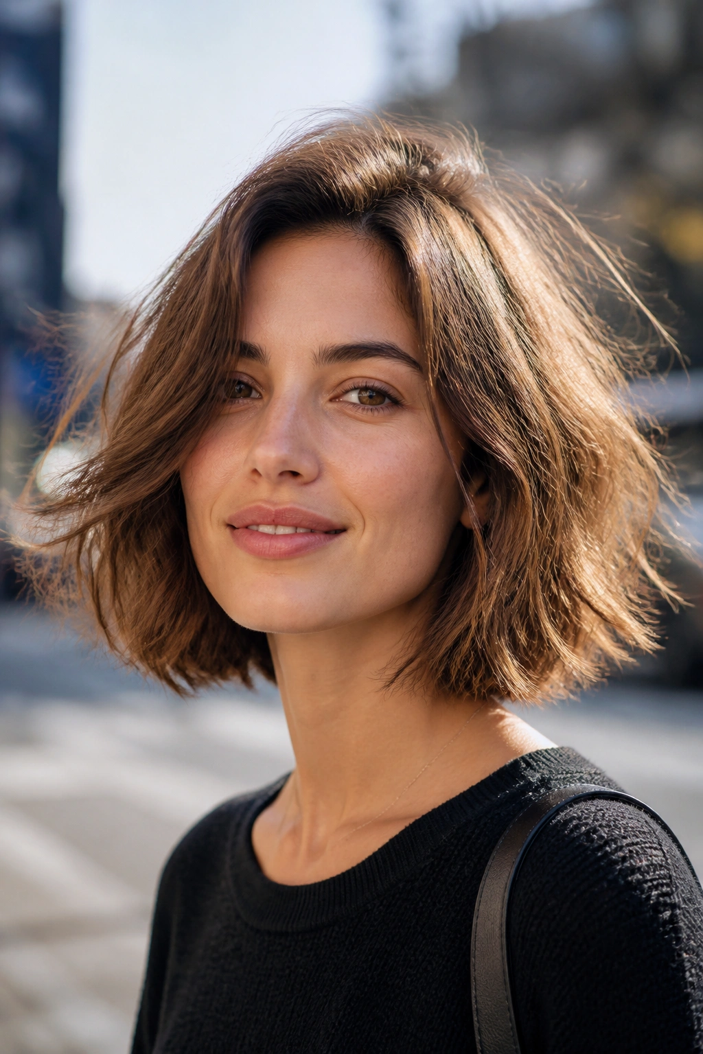 Close-up portrait of a real woman with a soft grown-out bob and broken ends in natural light