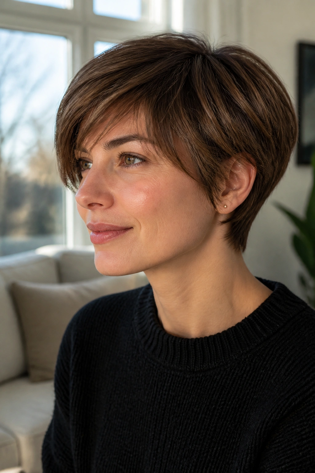 Close-up portrait of a real woman with a soft grown-out long pixie in bright living room light