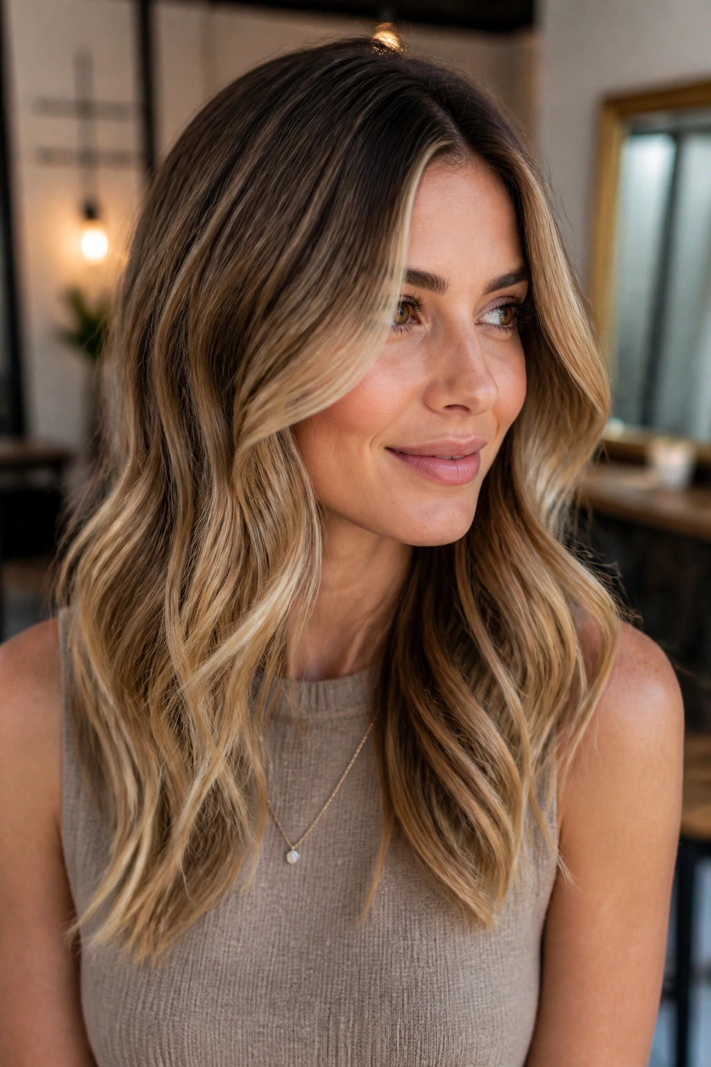 Close-up portrait of a real woman with soft-growout dimensional color and subtle face-framing highlights.