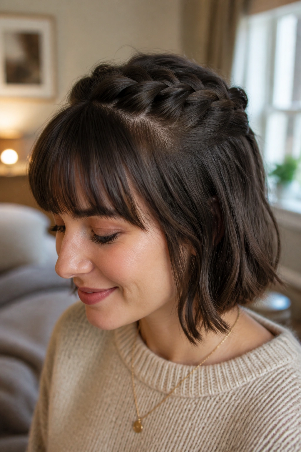 Real woman with soft half-up French braid and bangs in cozy room.