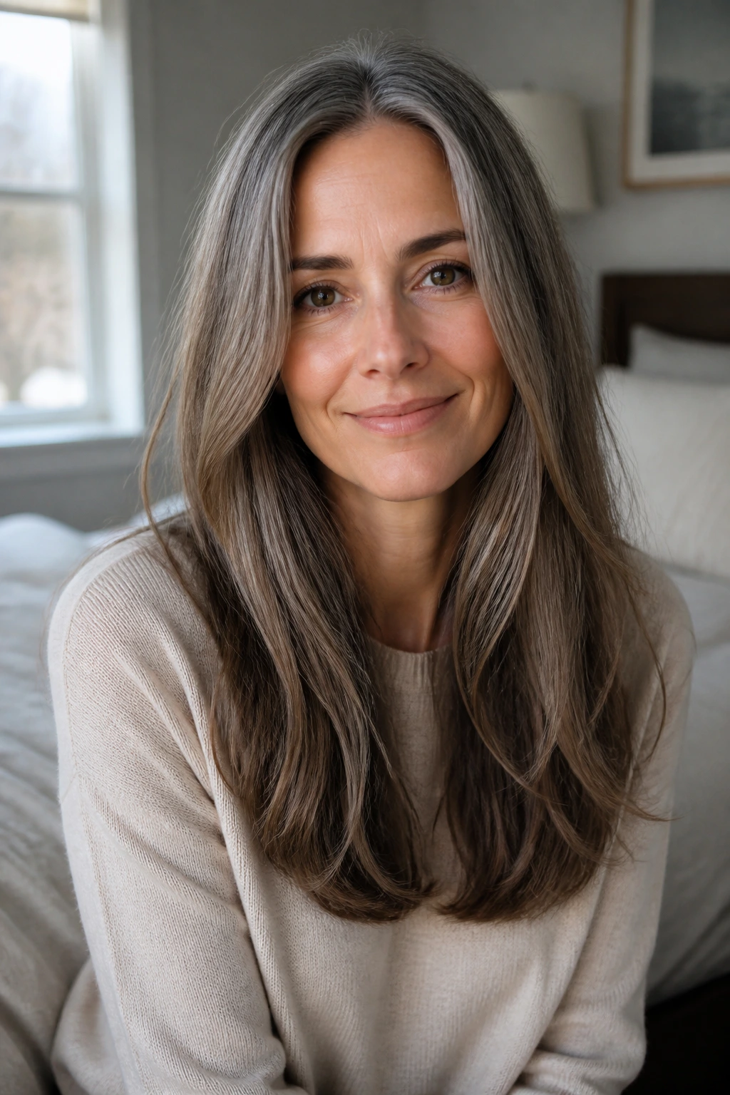 Close-up of a real woman with long hair and a soft rounded hemline, no bangs, in natural window light.