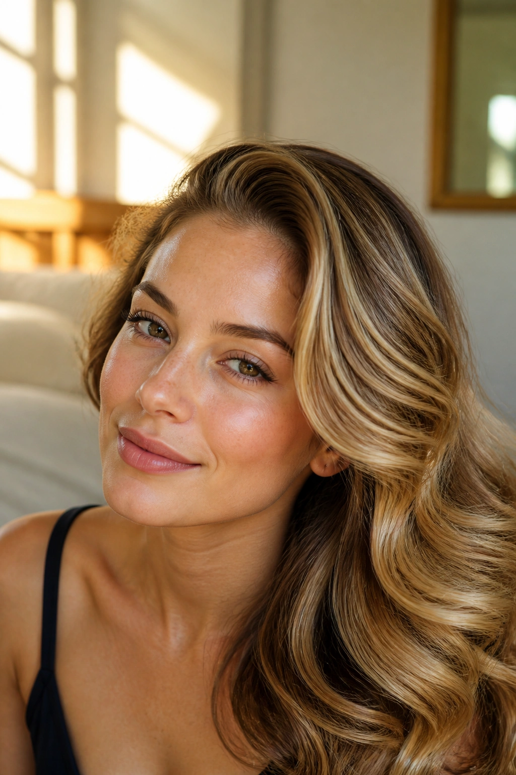 Close-up of a real woman with soft Hollywood wand curls in warm window light