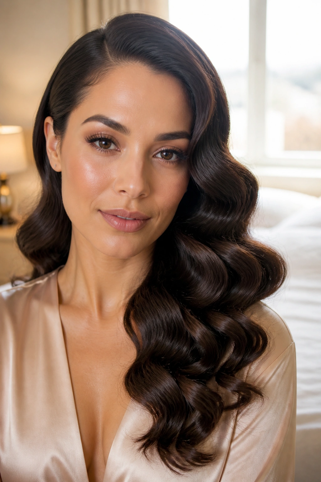 Close-up of a real woman with Soft Hollywood Waves and side part