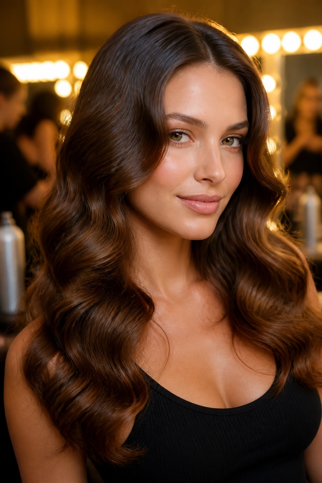 Close-up portrait of a real woman with soft Hollywood waves