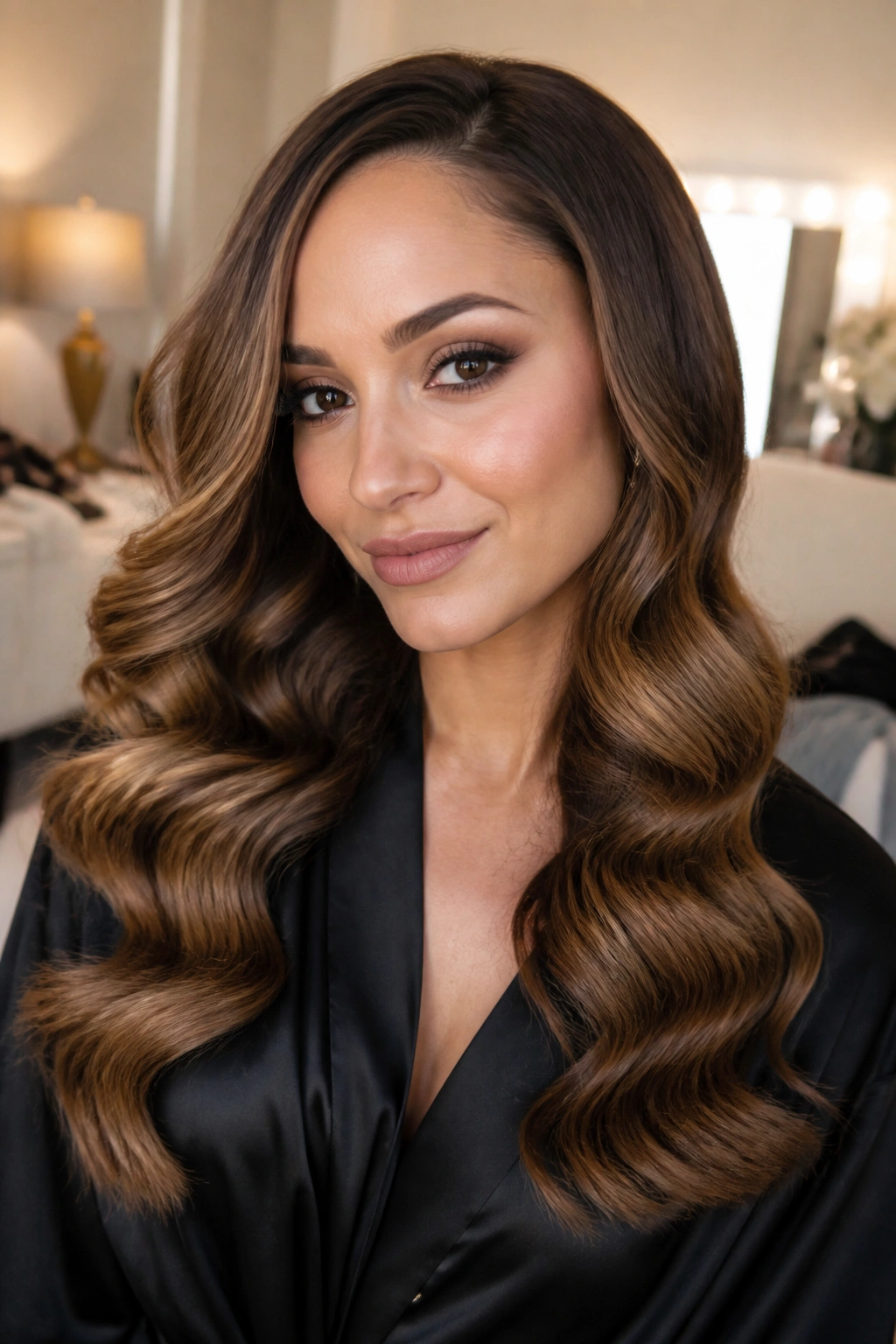 Close-up of a real woman with Soft Hollywood Waves in a backstage lounge