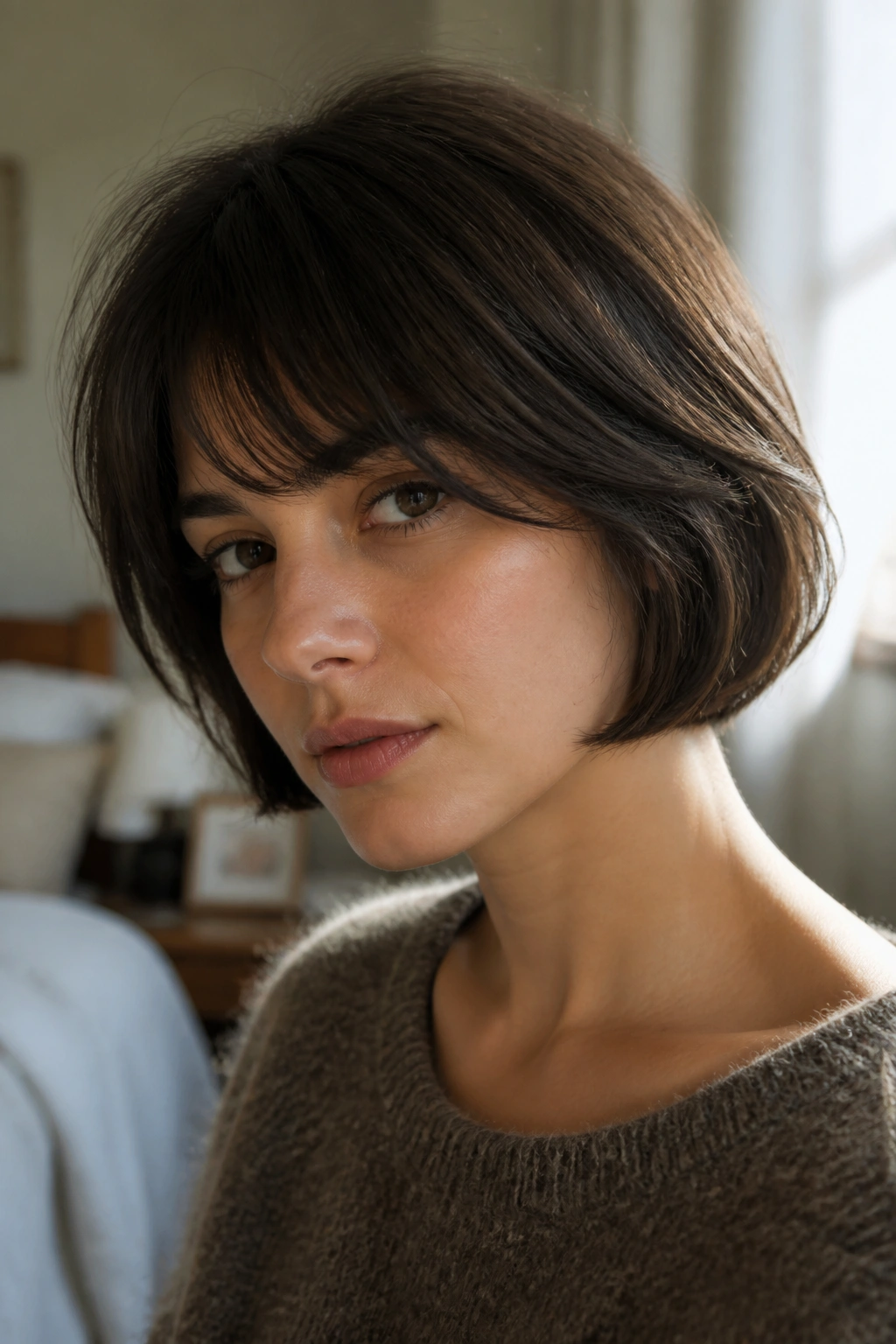 Close-up portrait of a real woman with a French bob featuring soft internal layers, warm window light.