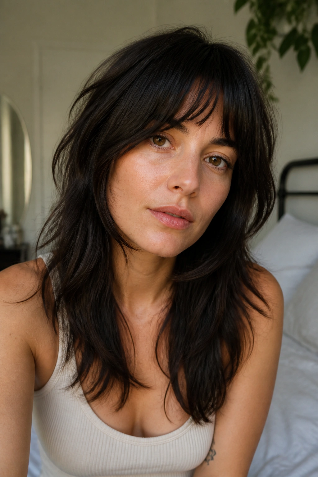 Close-up portrait of a real person with a low-maintenance shag and soft internal layers under natural light