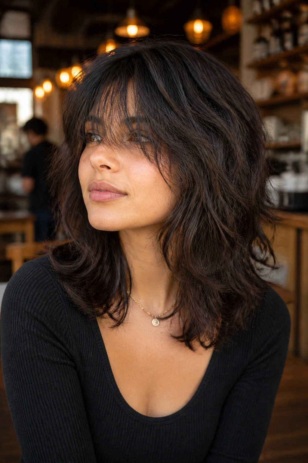 Close-up of a real person with soft invisible-layer wolf cut in cafe light.