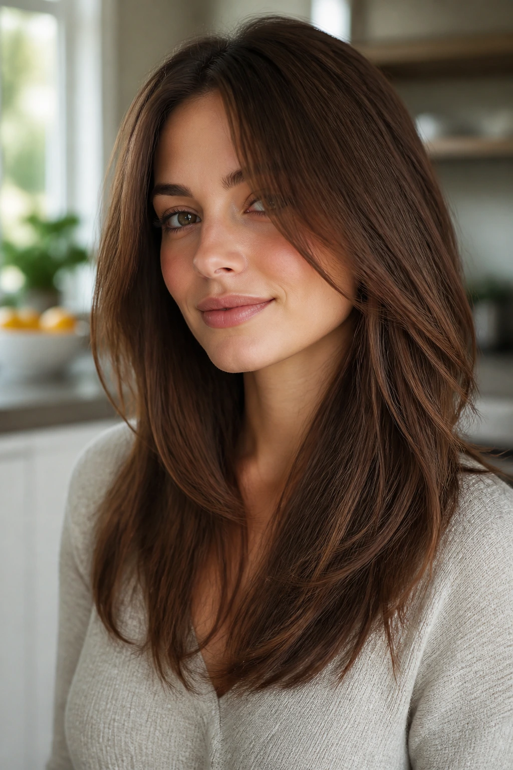 Close-up of a real woman with soft invisible layers showing subtle movement in daylight