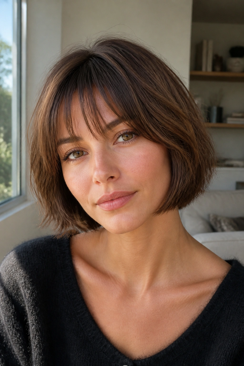 Close-up portrait of a woman with a soft jaw-grazing bob and wispy bangs.