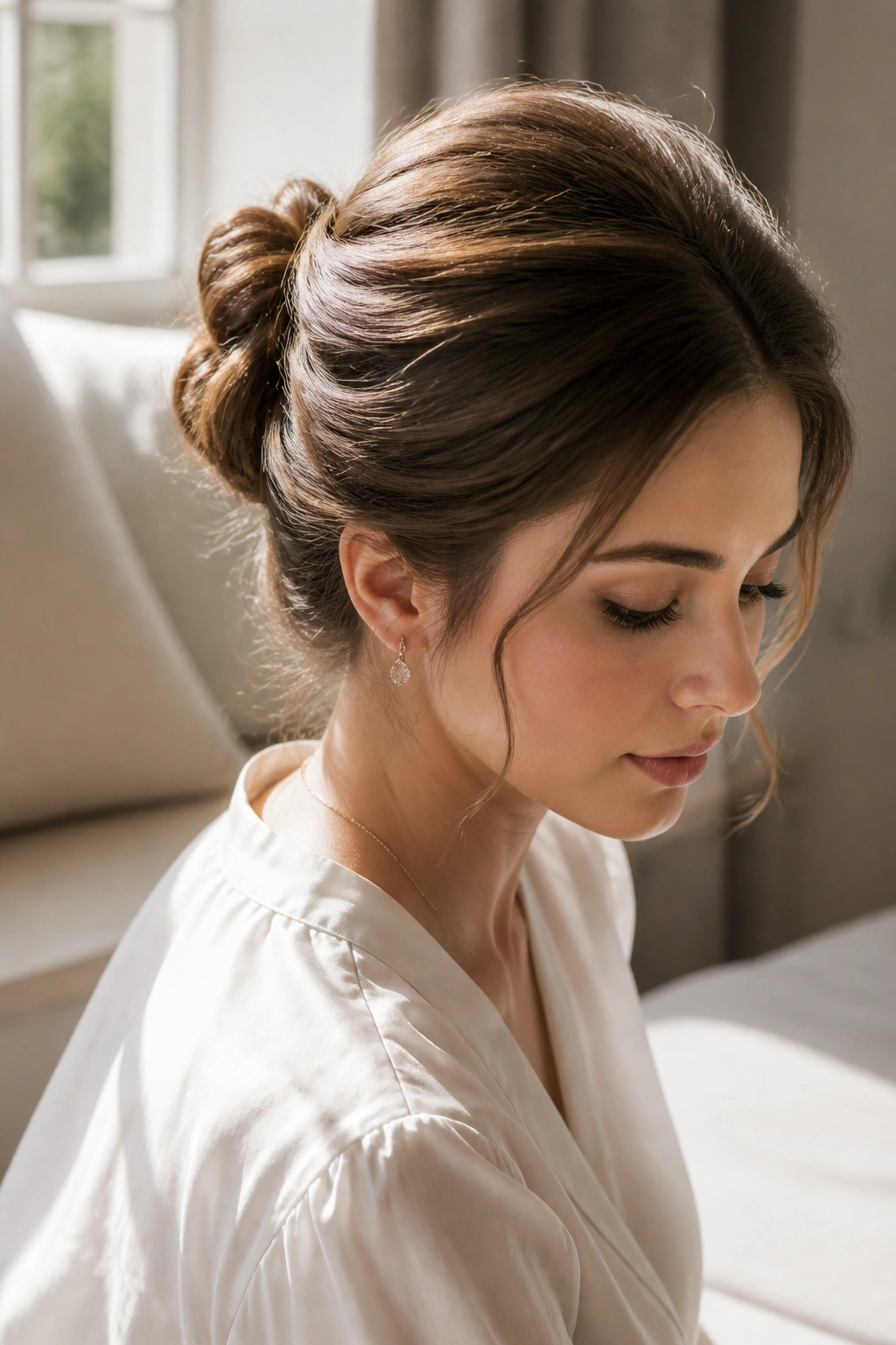 Close-up of real woman with soft knot and crown volume
