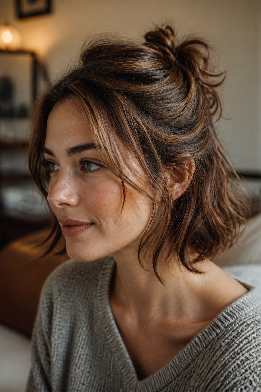 Close-up of real woman with a soft knot half-up on wavy short hair