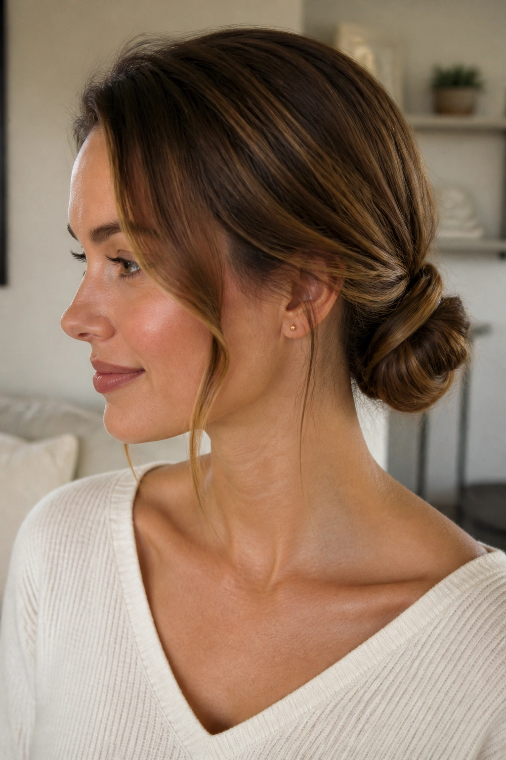 Soft knot twist bun at the nape on a real woman