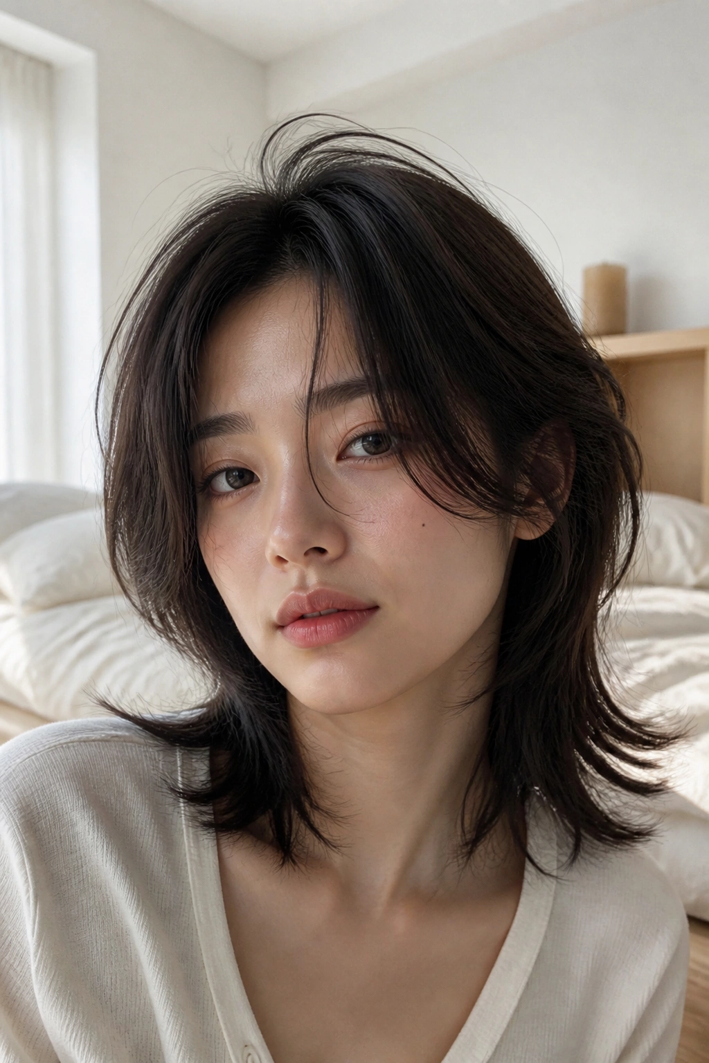 Close-up portrait of a real person with soft Korean-inspired wolf cut and gentle face framing