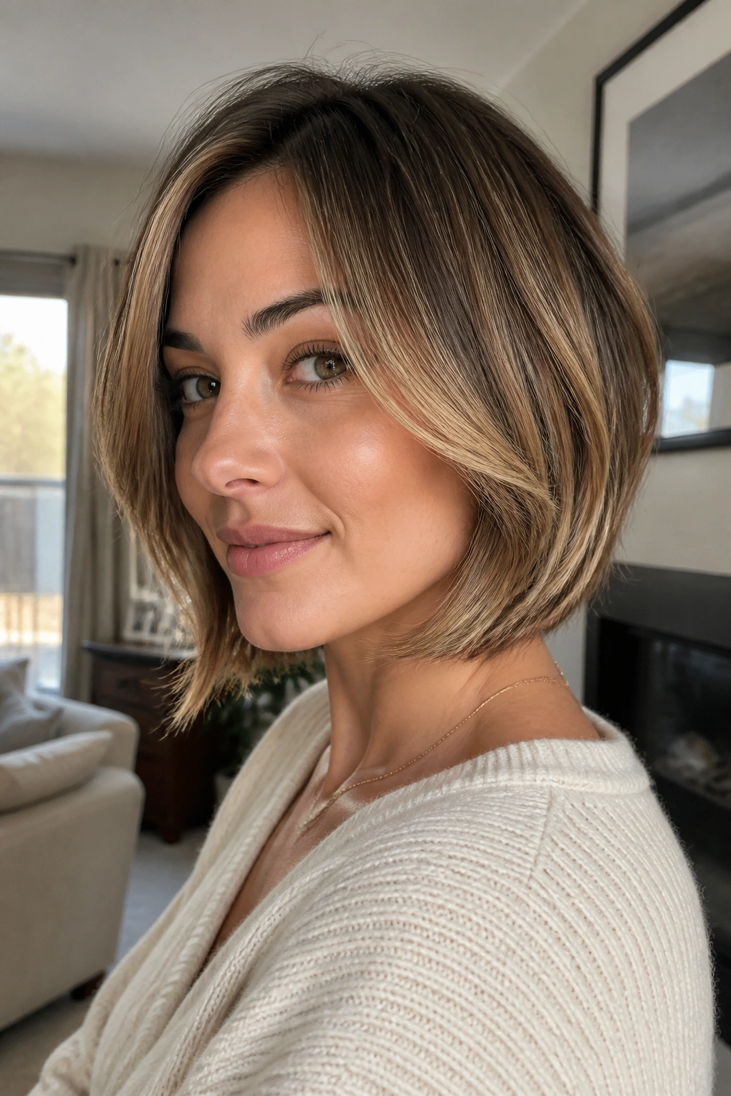Close-up of a woman with a soft layered bob framing the face.