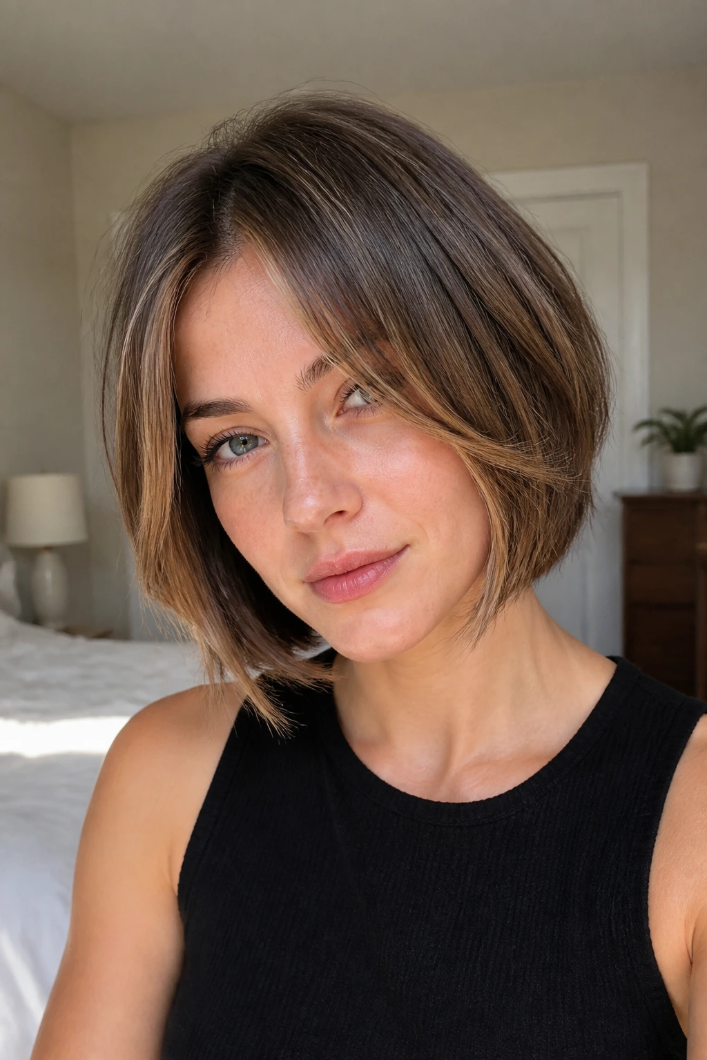 Close-up of a real woman with soft layered chin bob and face-framing pieces in a sunlit bedroom