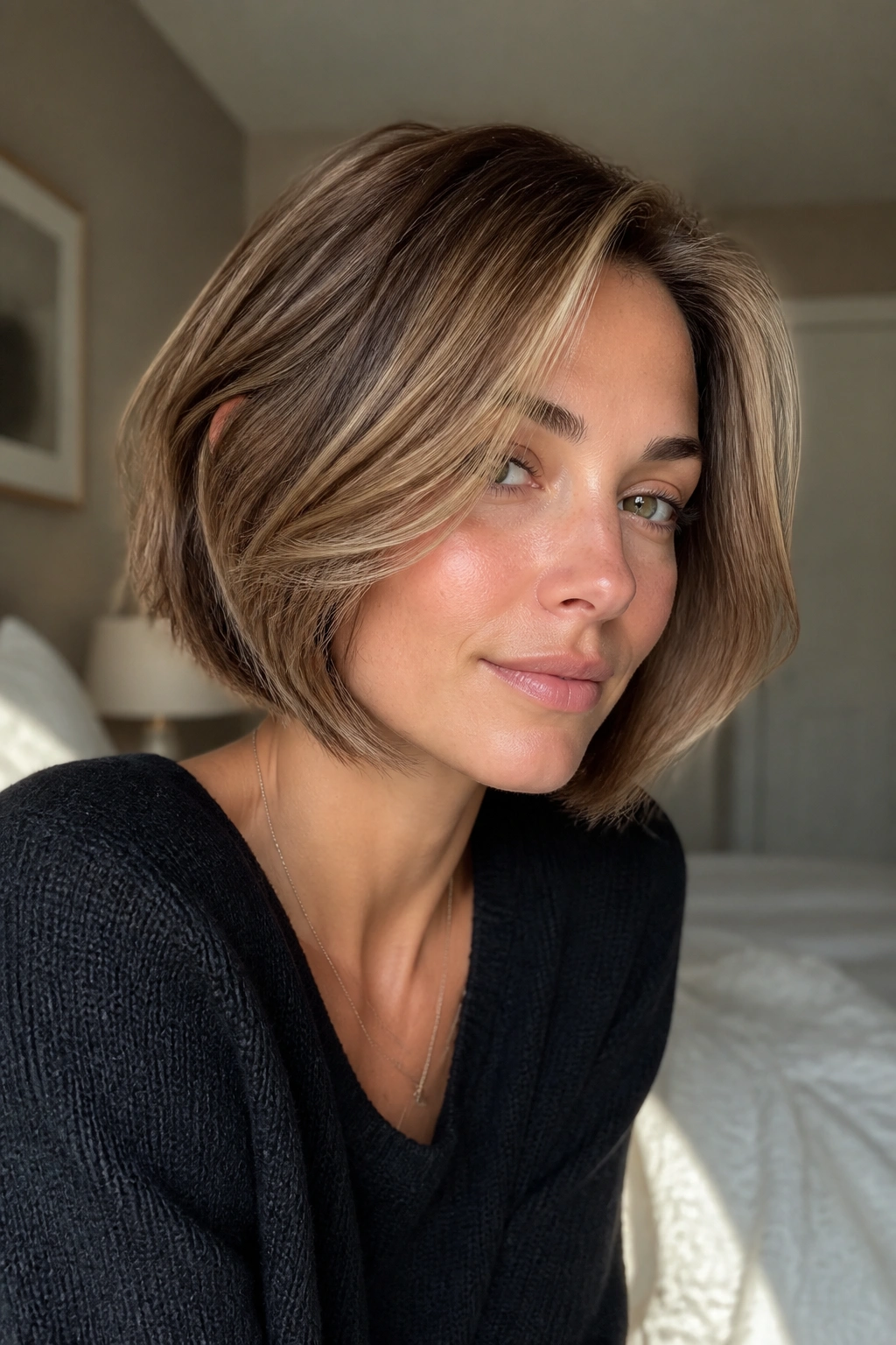 Close-up portrait of a woman with a soft face-framing layered bob under warm window light.