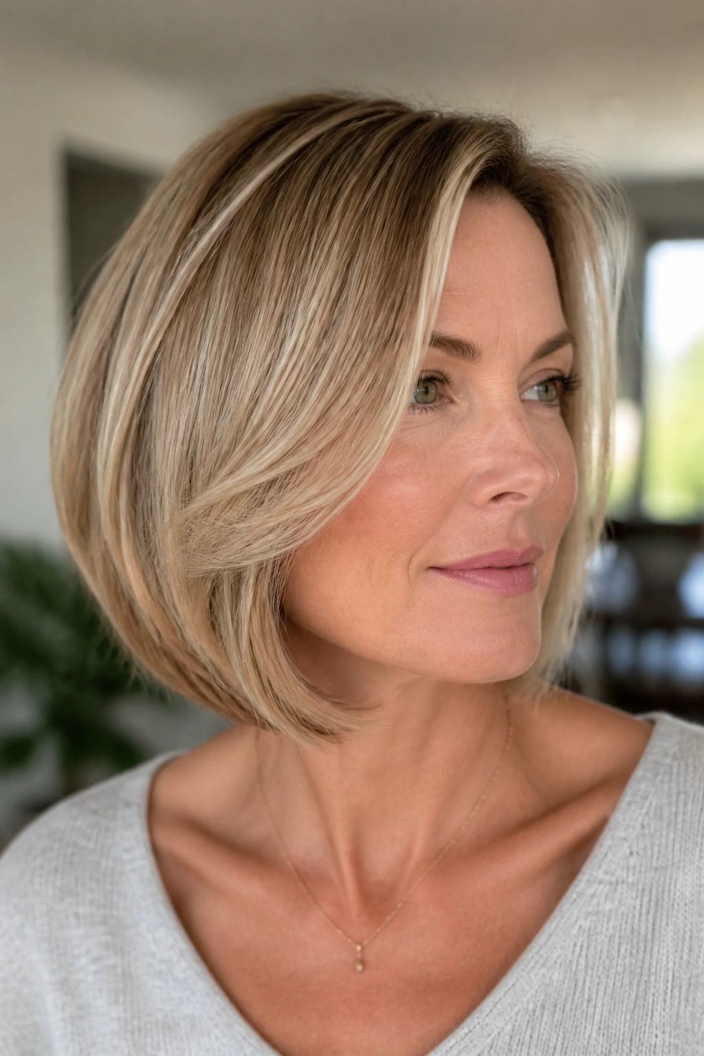 Portrait of a real woman with a soft layered bob