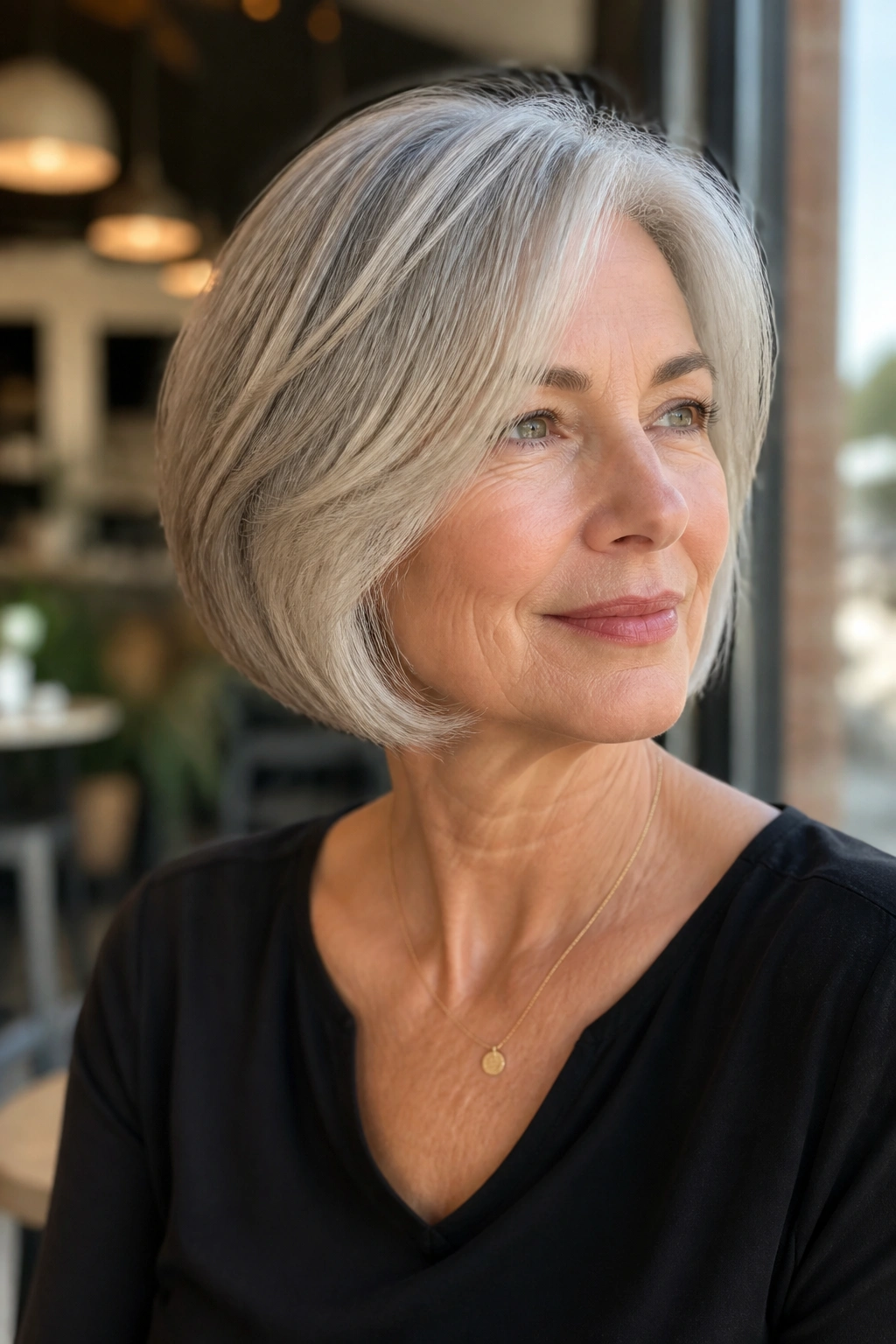 Portrait of a woman with a soft layered bob showing lift and movement under natural daylight