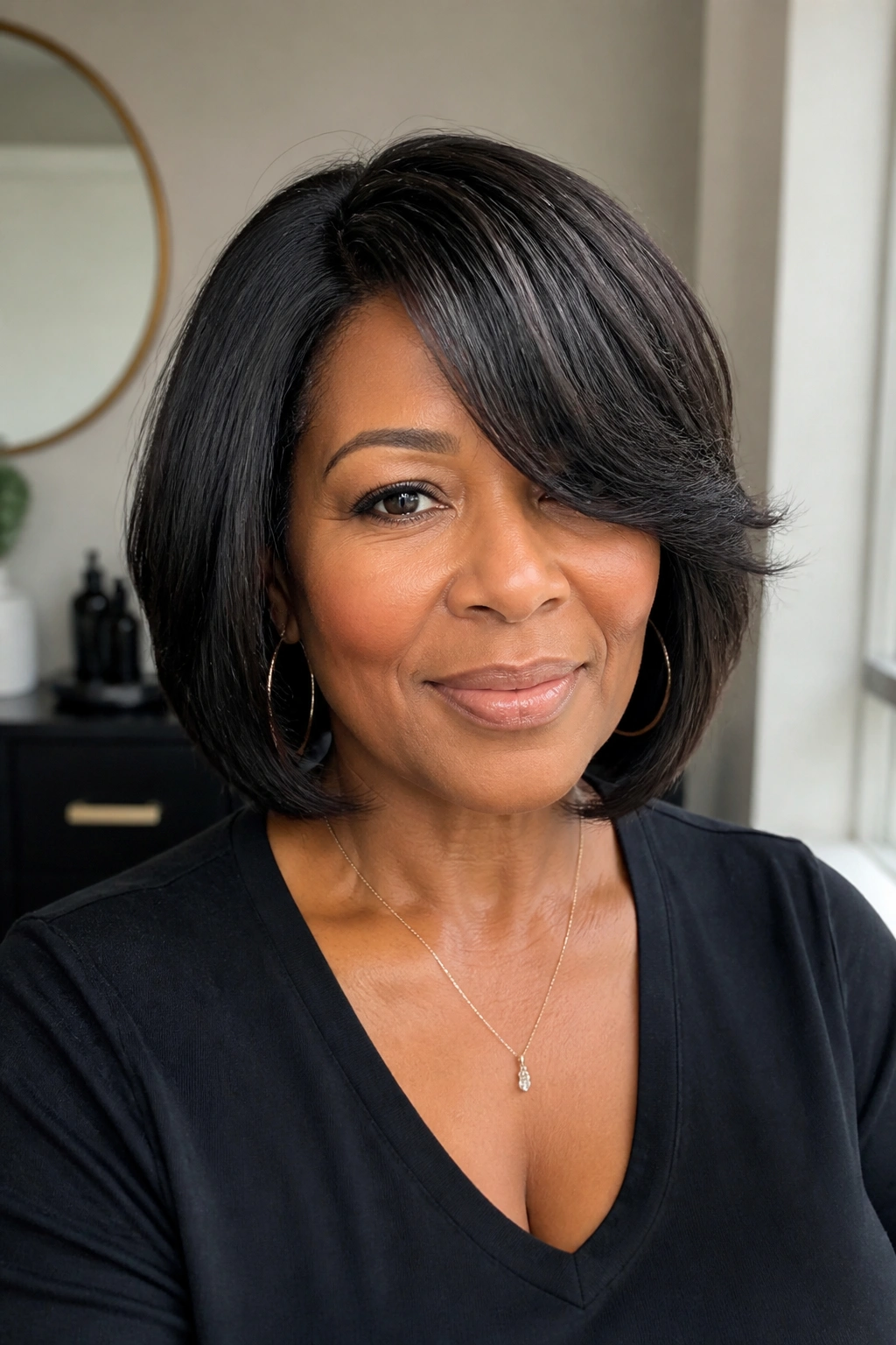 Close-up portrait of a real woman with a soft layered bob.