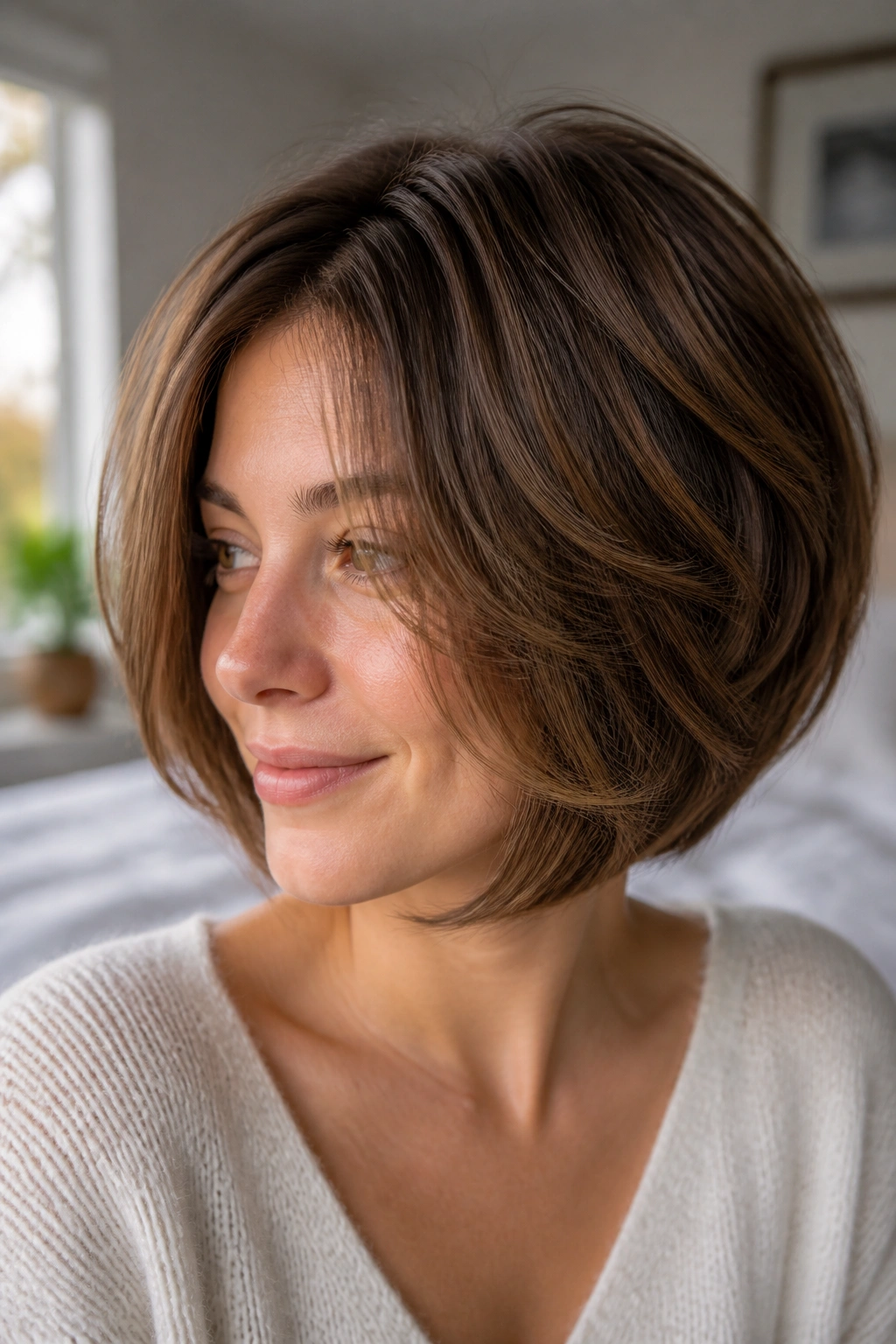 Portrait of a real woman with a soft layered bob showing internal movement