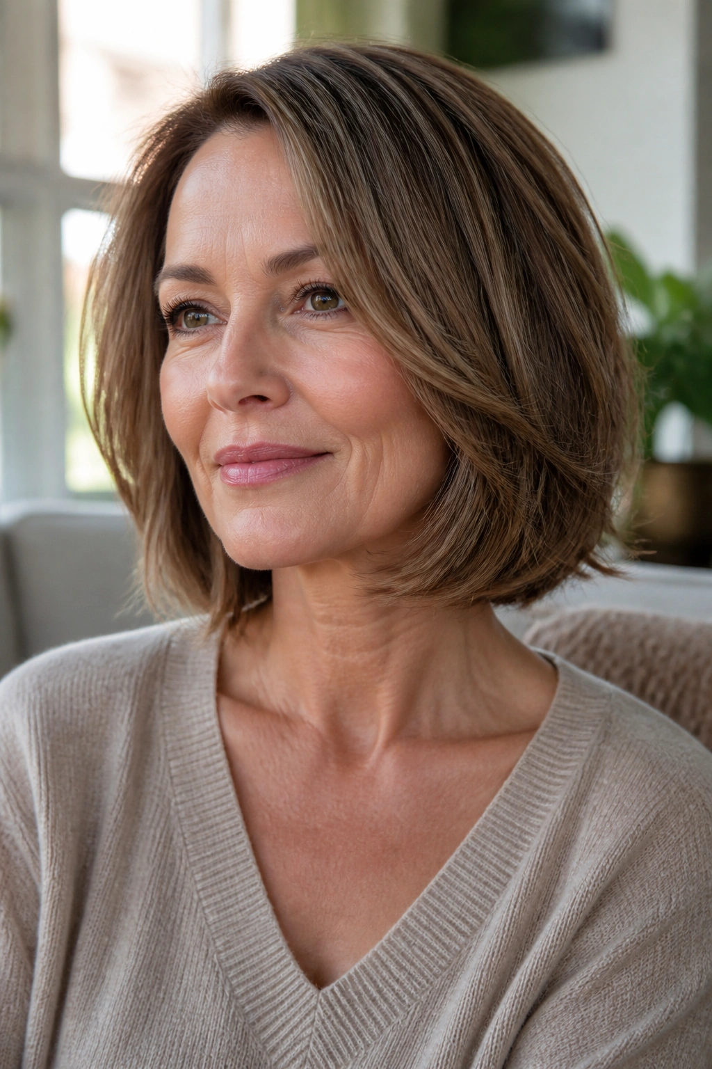 Close-up of a woman with soft layered bob in warm window light