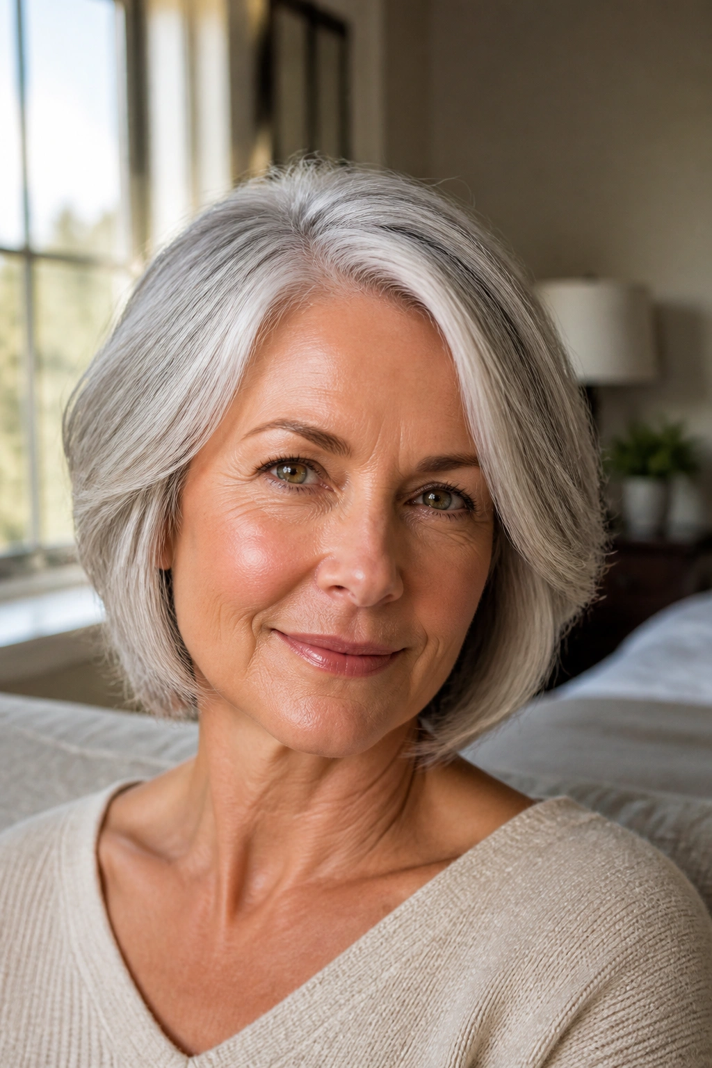 Close-up portrait of a mature woman with a soft layered bob in warm window light