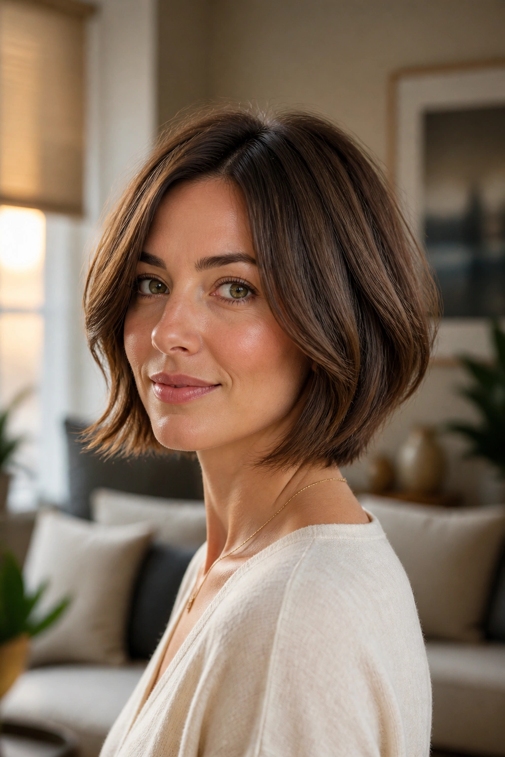 Close-up portrait of a woman with a soft layered bob