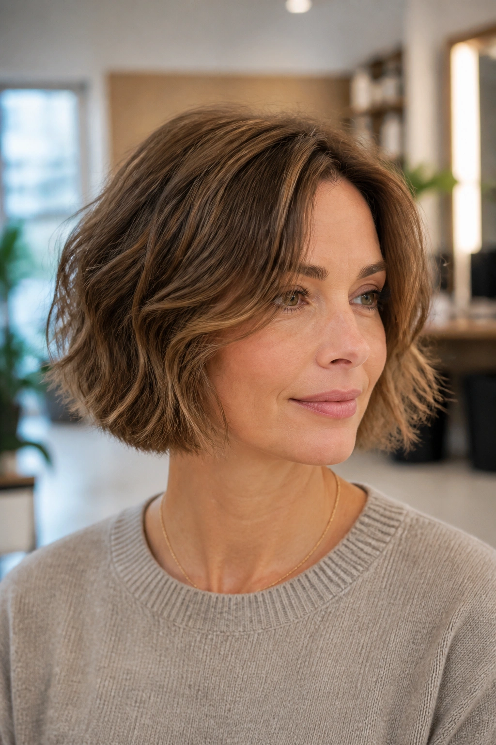 Close-up of a real woman with a softly layered bob, calm outline and subtle layers