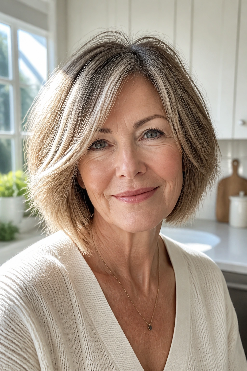 Close-up portrait of a real woman with a soft layered bob