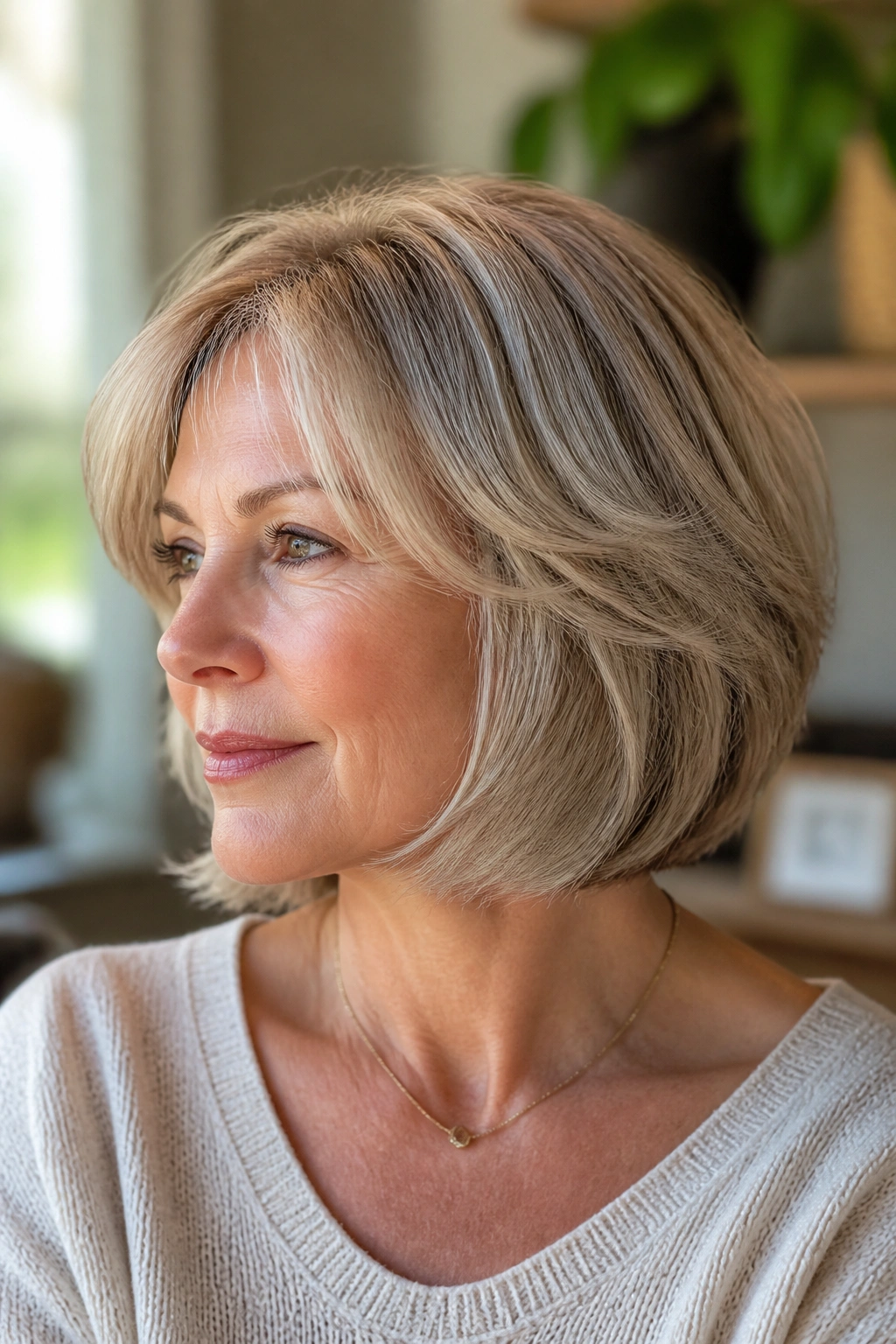 Close-up of a real woman with a soft layered bob and airy ends in a cozy, daylight setting.