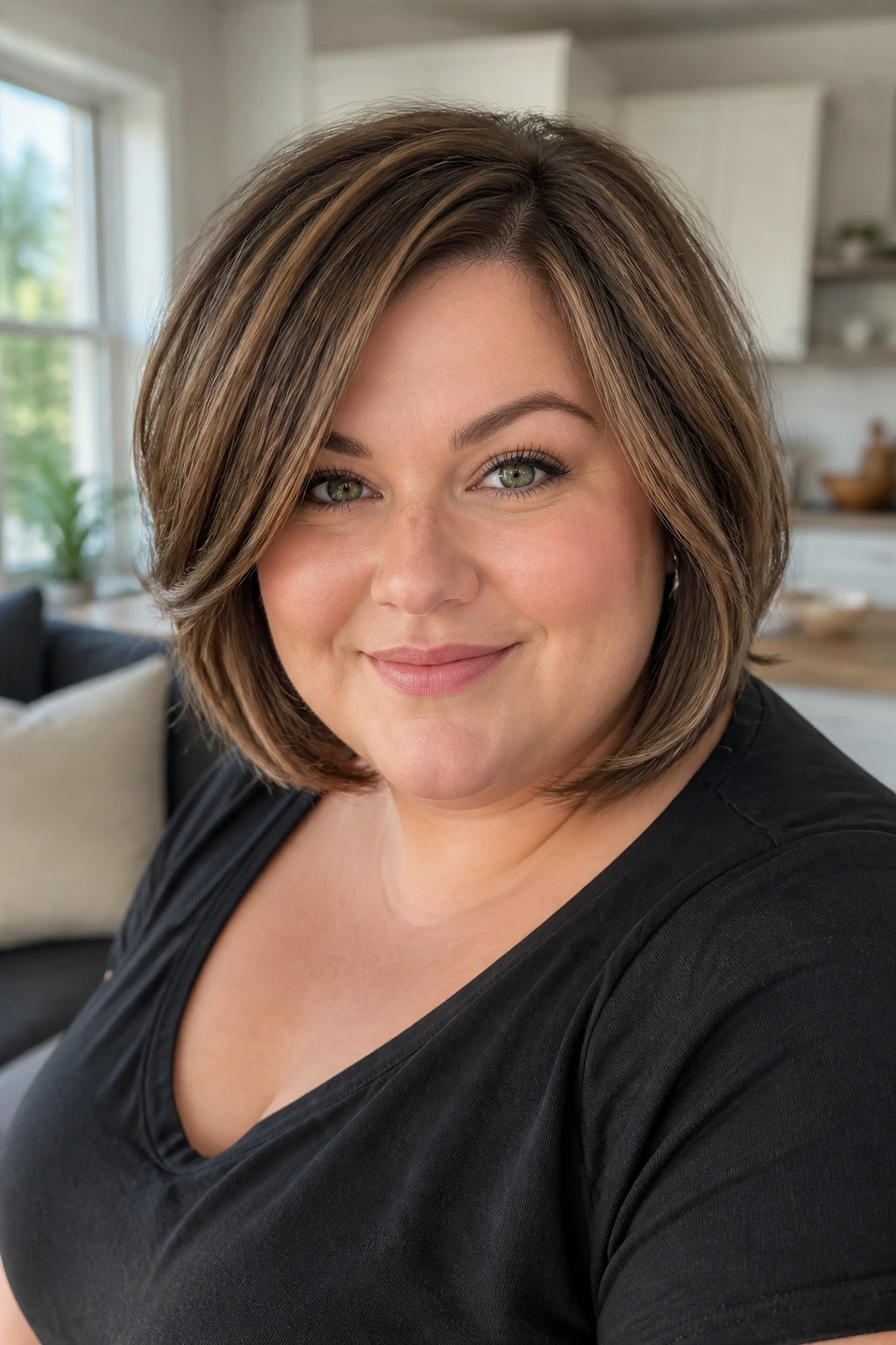 Close-up portrait of a real woman with a soft layered bob in daylight.
