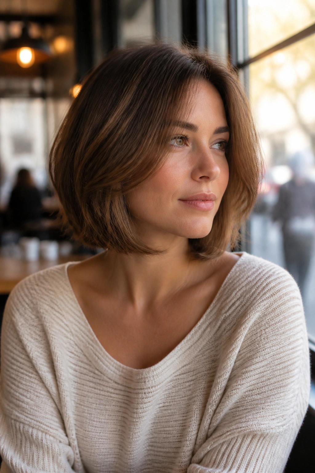 Close-up of a real woman with soft layered bob in daylight at a cafe window