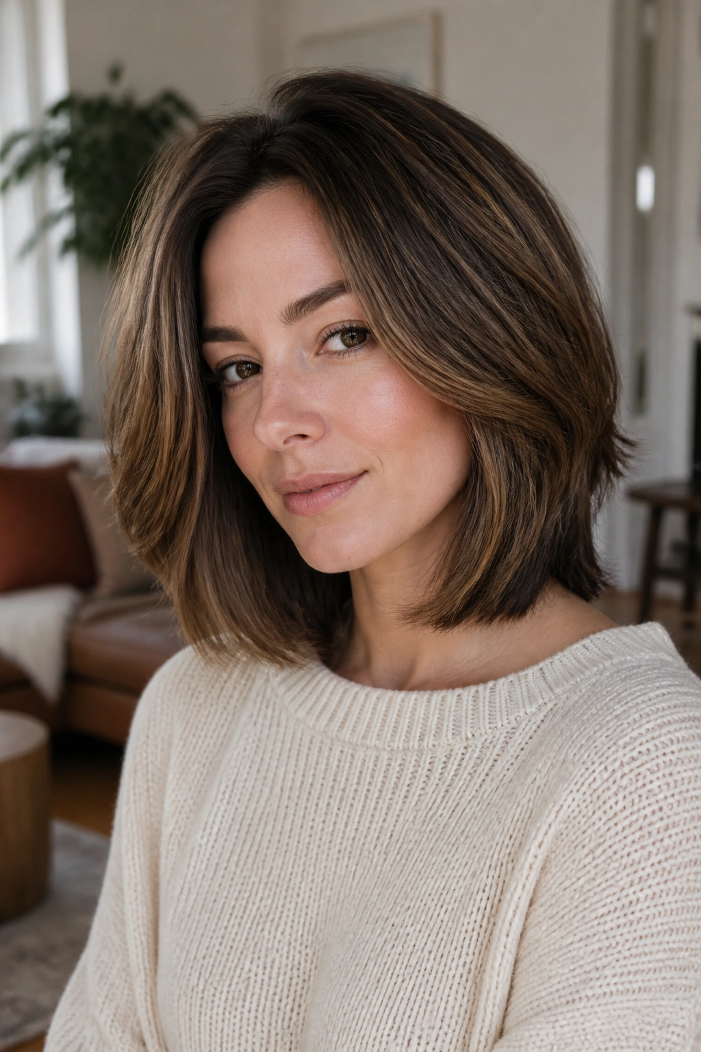 Close-up of a real woman with a soft layered bob for thick hair, showing interior weight removal and preserved perimeter