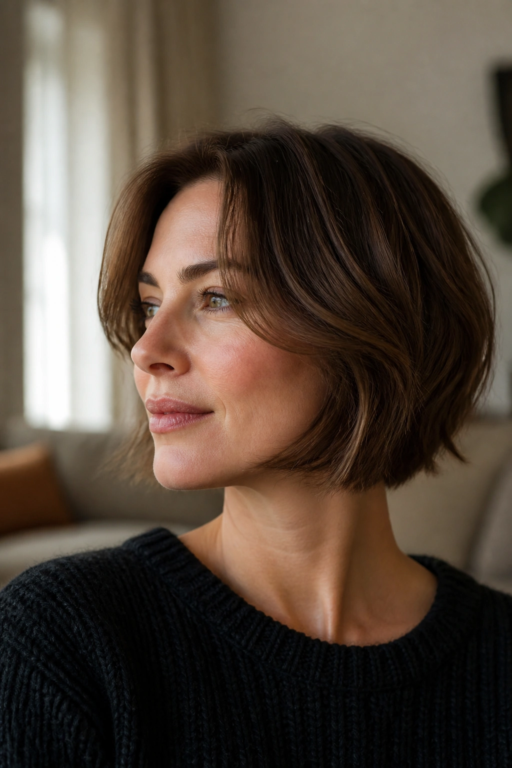 Close-up portrait of a real woman with a soft layered chin-length bob with face-framing layers