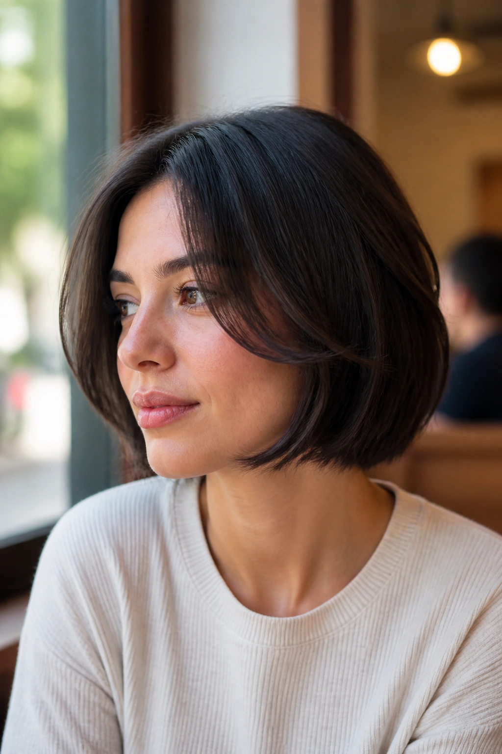 Close-up of a real woman with soft layered chin-length cut in cafe light