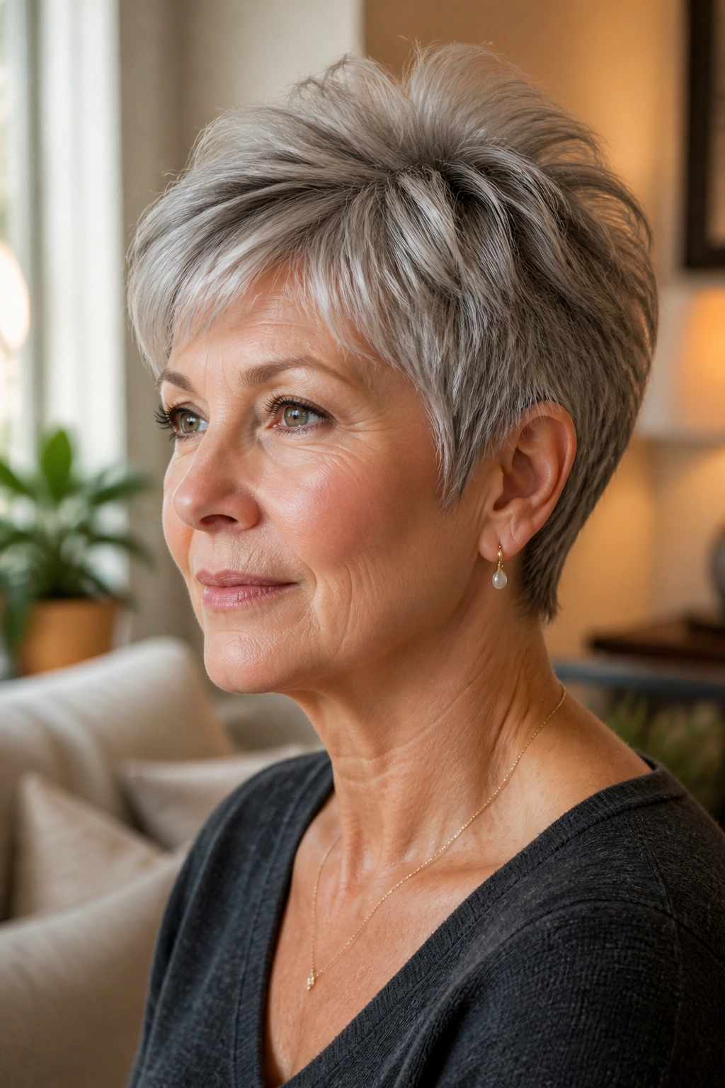 Close-up portrait of a real woman with a soft layered crop and crown lift on gray hair