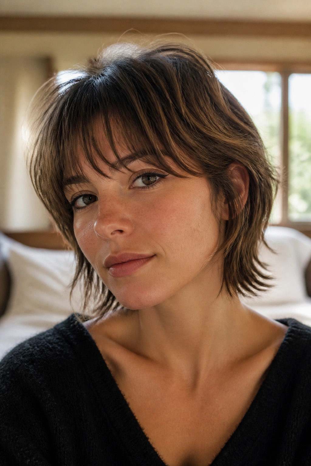 Close-up portrait of a real woman with a soft layered crop and wispy brow bangs in natural window light.