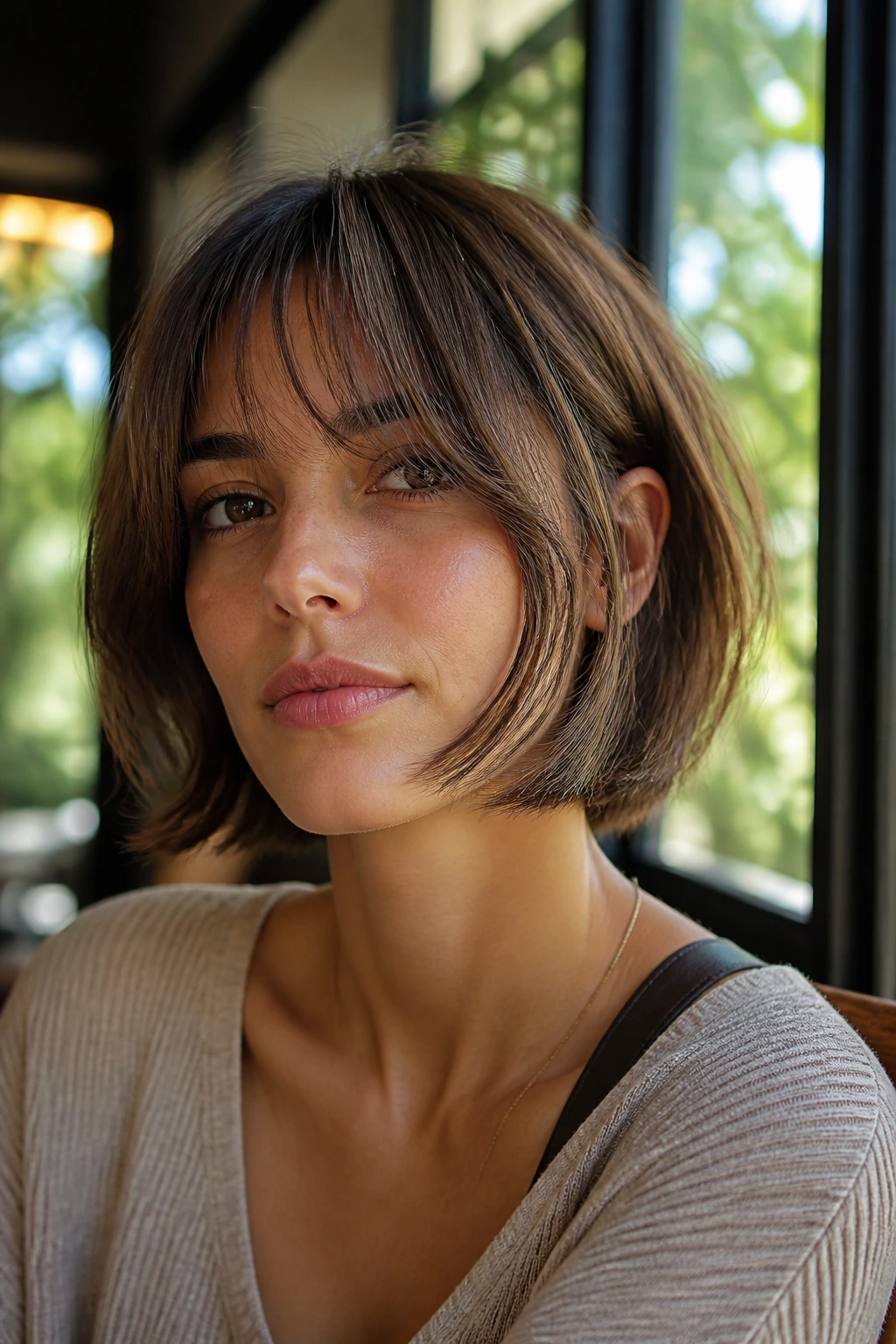 Close-up of a real woman with soft layered French bob and long bangs at a sunlit cafe window