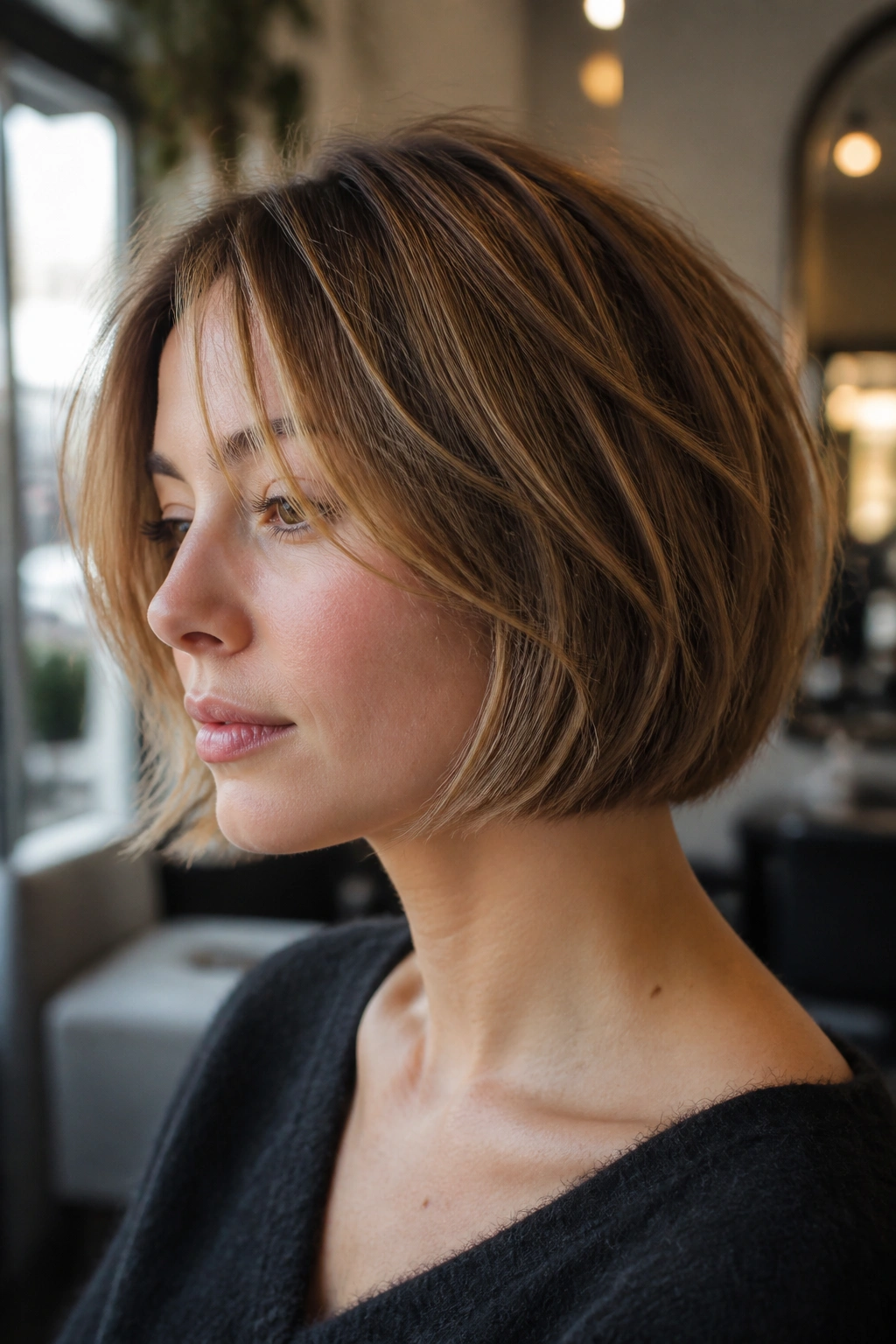 Real woman with soft layered French bob for fine hair in warm window light