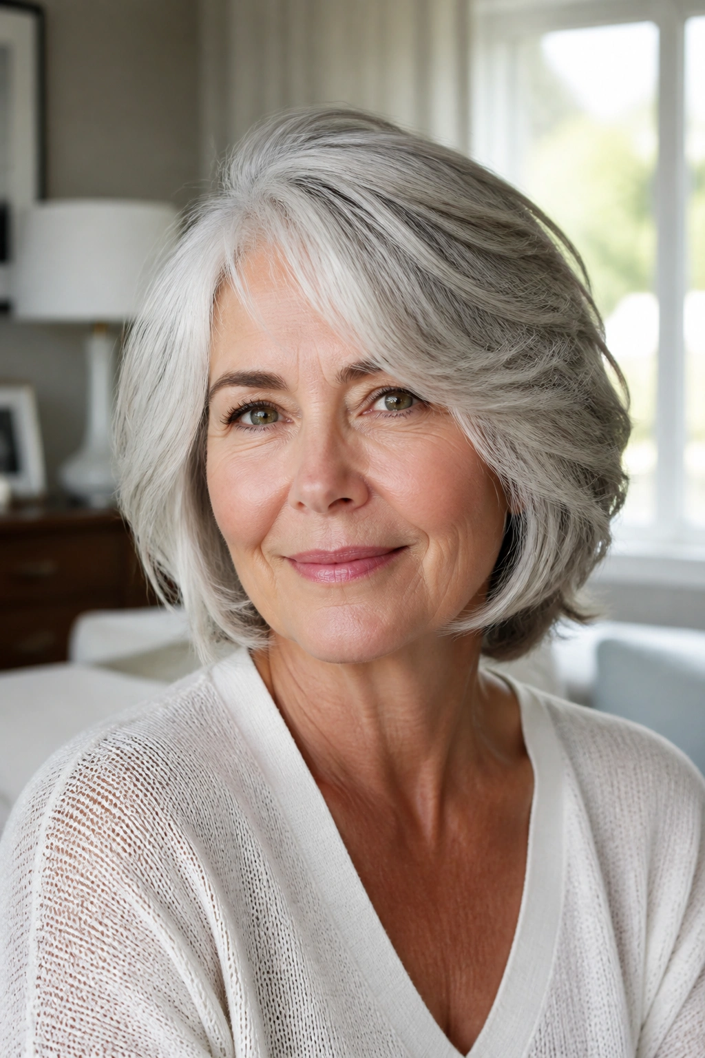 Close-up portrait of a real woman with a soft layered cut blending gray and white