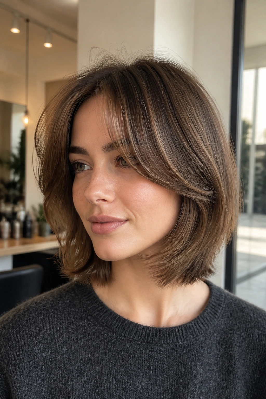 Portrait of a woman with soft-layered lob and cheekbone curtain bangs in a sunny salon